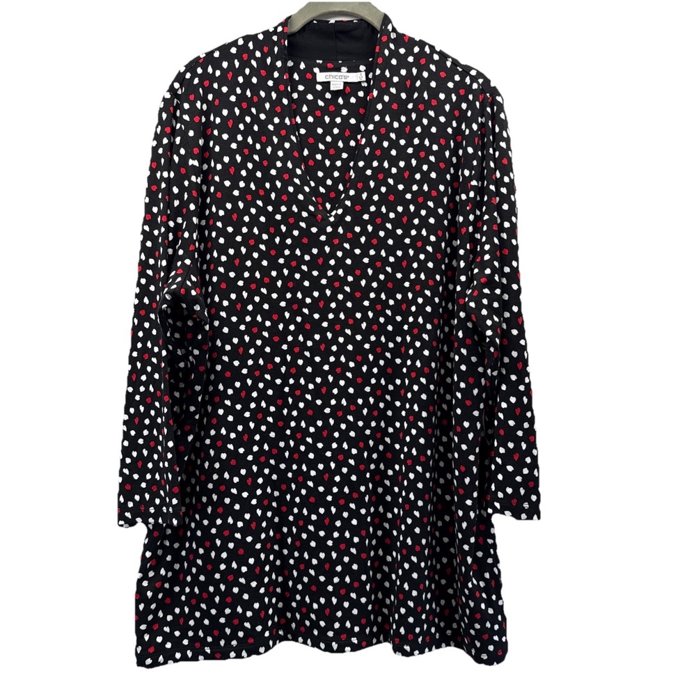 Chicos Womens Top Sz XL White Black Hearts 3/4 Sleeve Lined Front V Neck Stretch